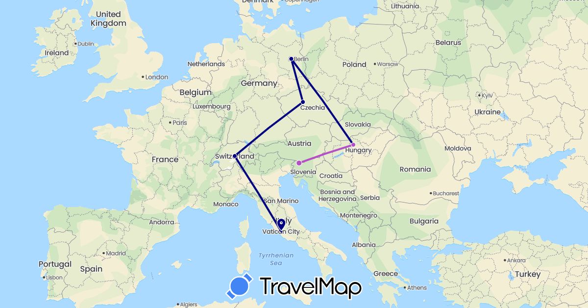 TravelMap itinerary: driving, train in Switzerland, Czech Republic, Germany, Hungary, Italy, Slovenia (Europe)